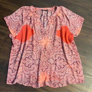 Ana Blouse Plus Size 1X Pink Short Sleeve Sheer V-Neck Paisley Summer Boho Top